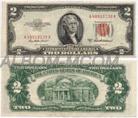 США 2 доллара 1953 год. Президент Джефферсон. Красная печать. Серия А. Пресс. AUNC