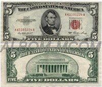США 5 долларов 1953 год. Президент А. Линкольн. Серия А. Красная печать. Пресс. AUNC