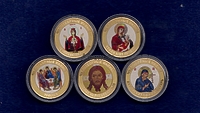 Сувенирные монеты 10 рублей "Чудотворные Иконы" (5 штук - цветная эмаль + гравировка, частная работа)